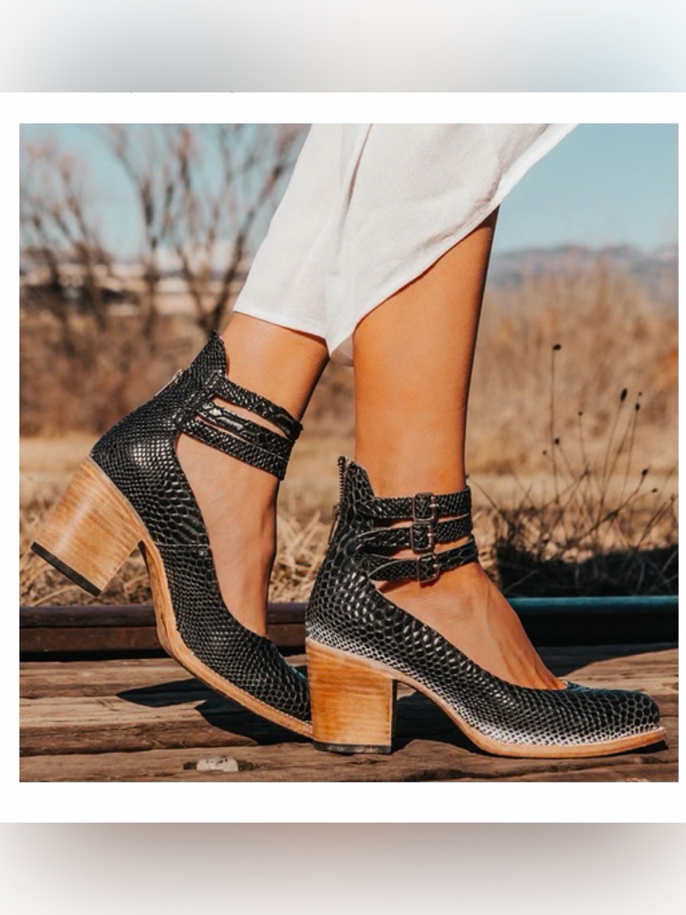 Freebird Randi Black Snake Leather Ankle Strap Heels Size 9